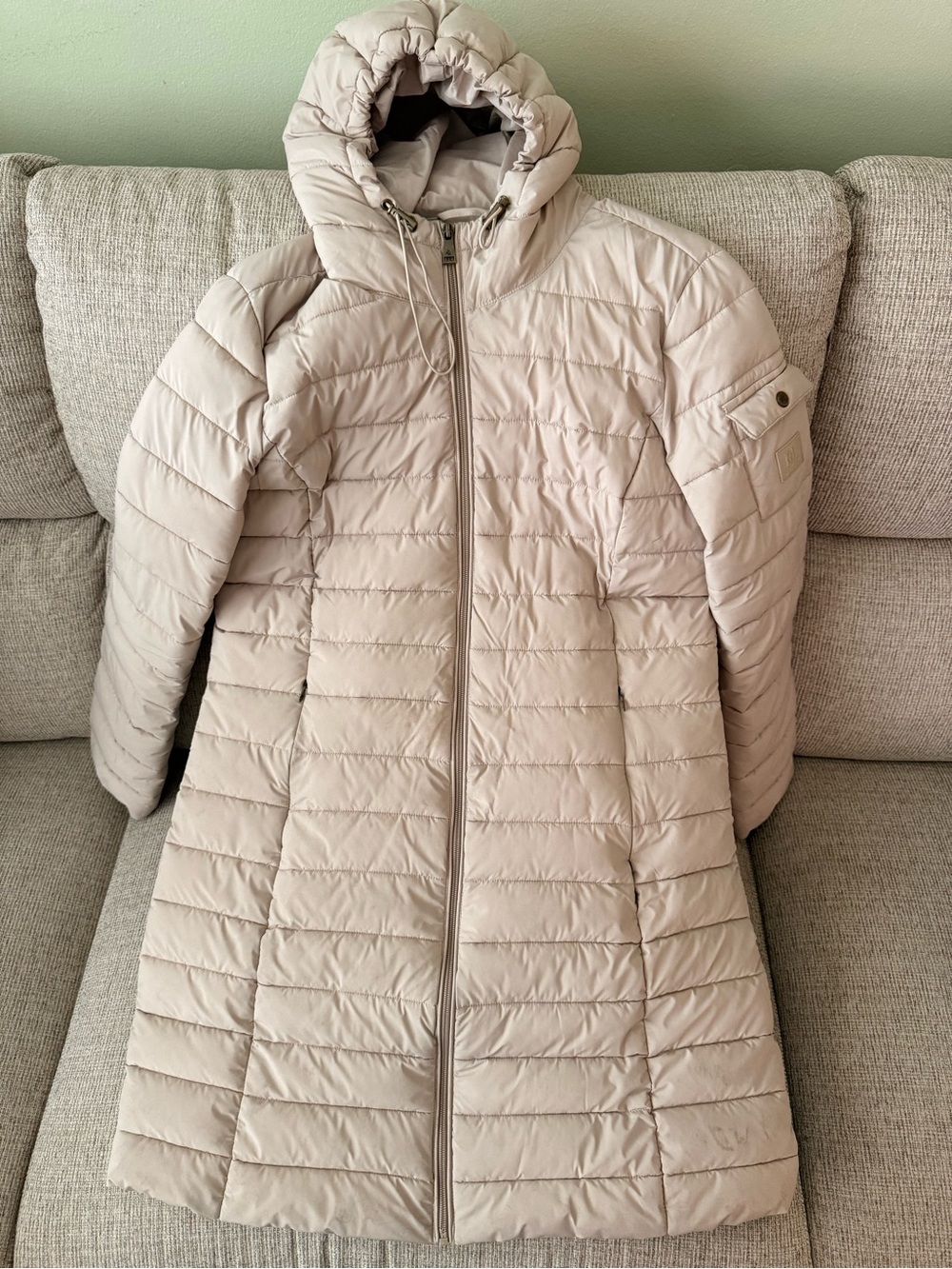 Lauren Ralph Lauren Long Light Beige Quilted Hooded Puffer Coat